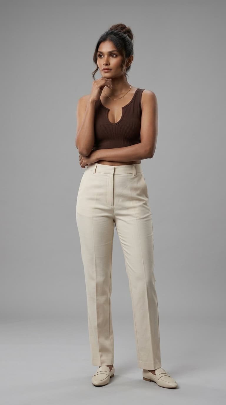 Chocolate Brown Ribbed Notch-Neck Crop Top view 3