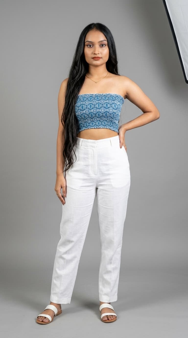 Blue Patterned Gathered Tube Top view 2