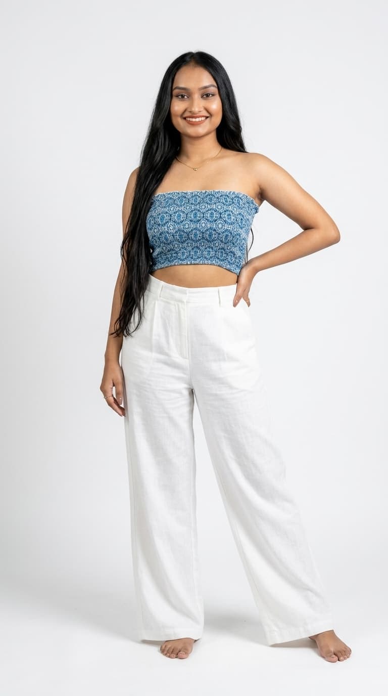 Blue Patterned Gathered Tube Top view 3