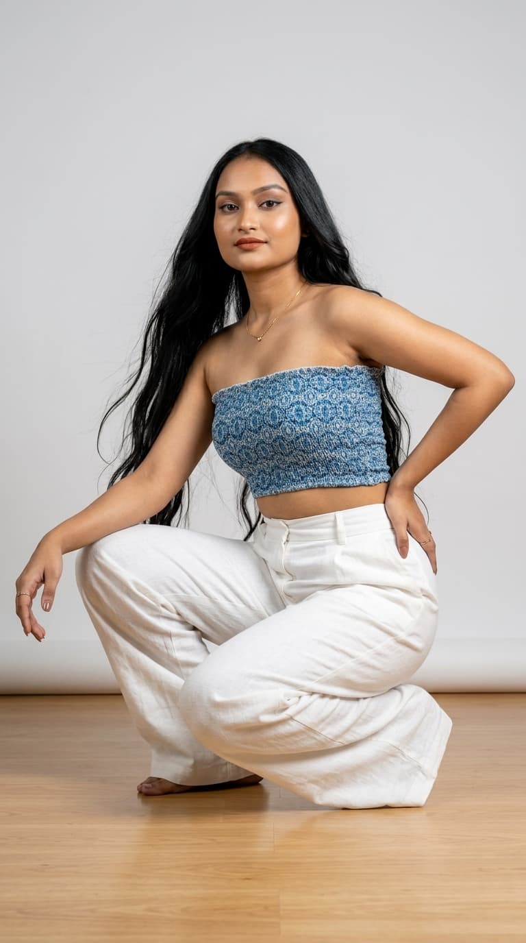 Blue Patterned Gathered Tube Top