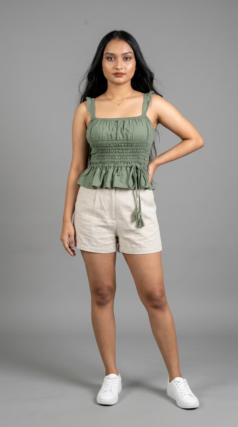 Sage Green Smocked Peplum Top view 3