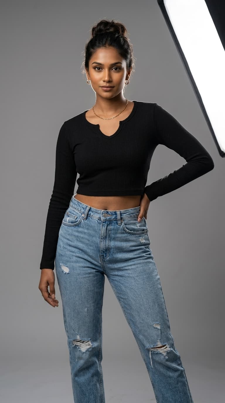 Ribbed Long-Sleeve Notch-Neck Crop Top view 2