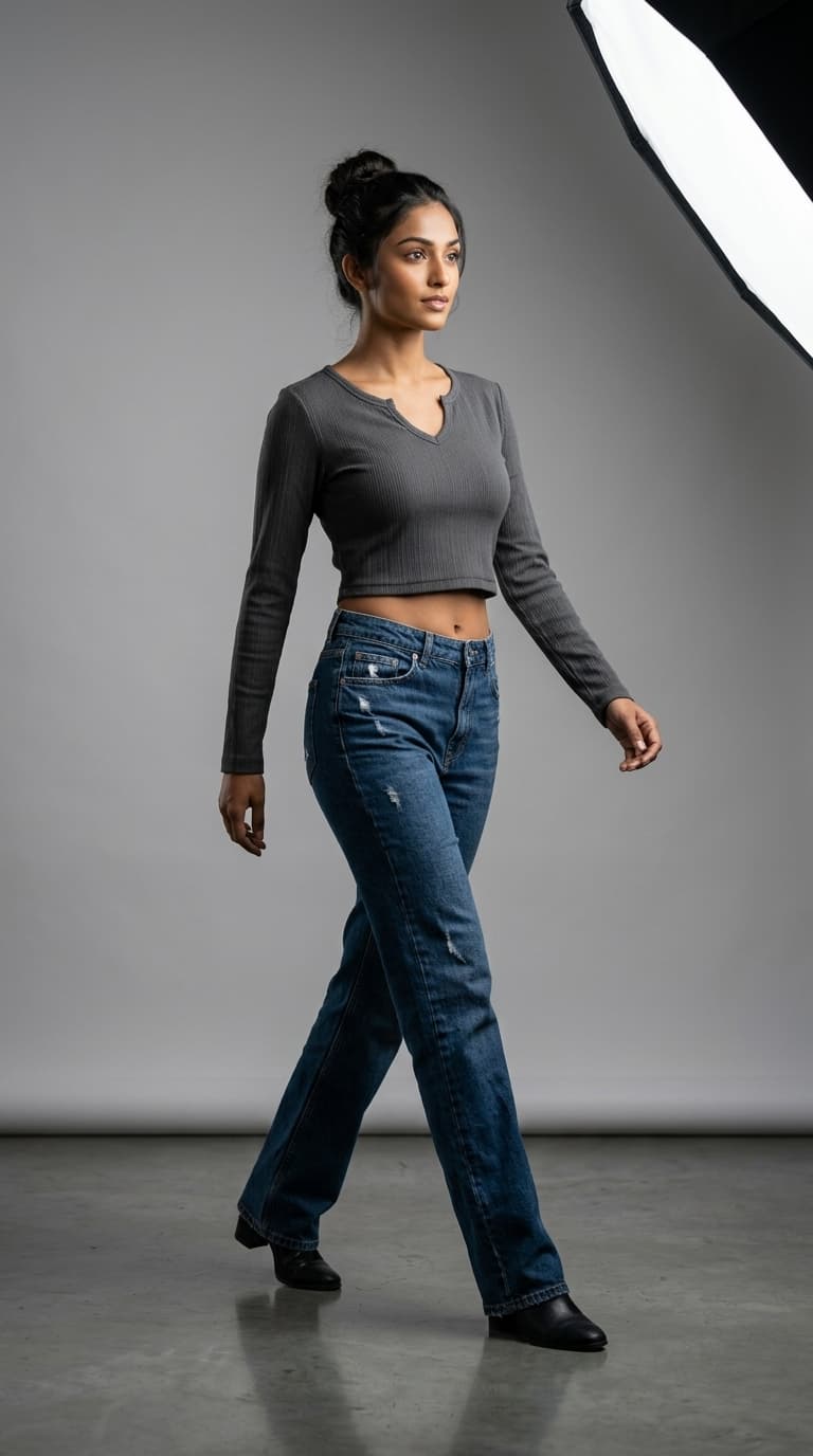 Ribbed Long-Sleeve Notch-Neck Crop Top