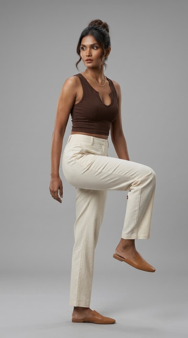 Chocolate Brown Ribbed Notch-Neck Crop Top view 2