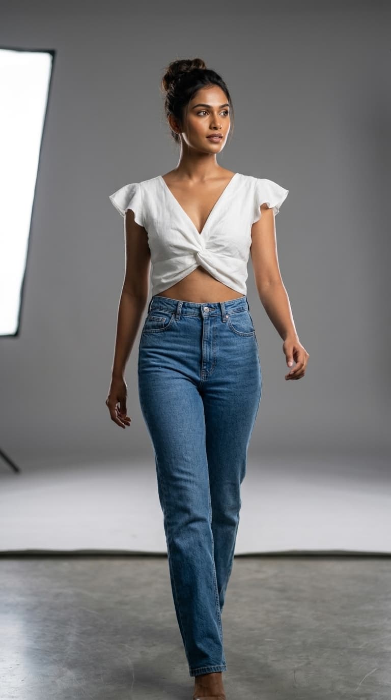 Twist-Front Ruffle Sleeve Crop Top view 1