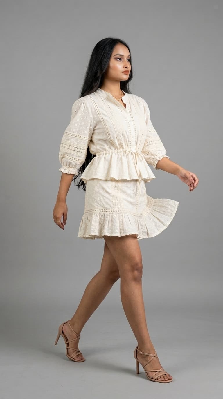Cream Embroidered Lace Peplum Top view 3