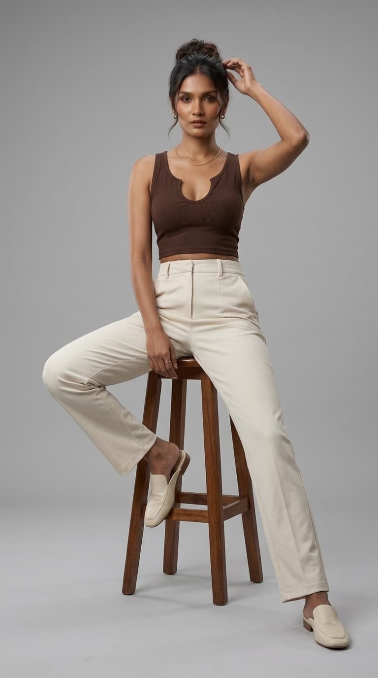 Chocolate Brown Ribbed Notch-Neck Crop Top – view 1