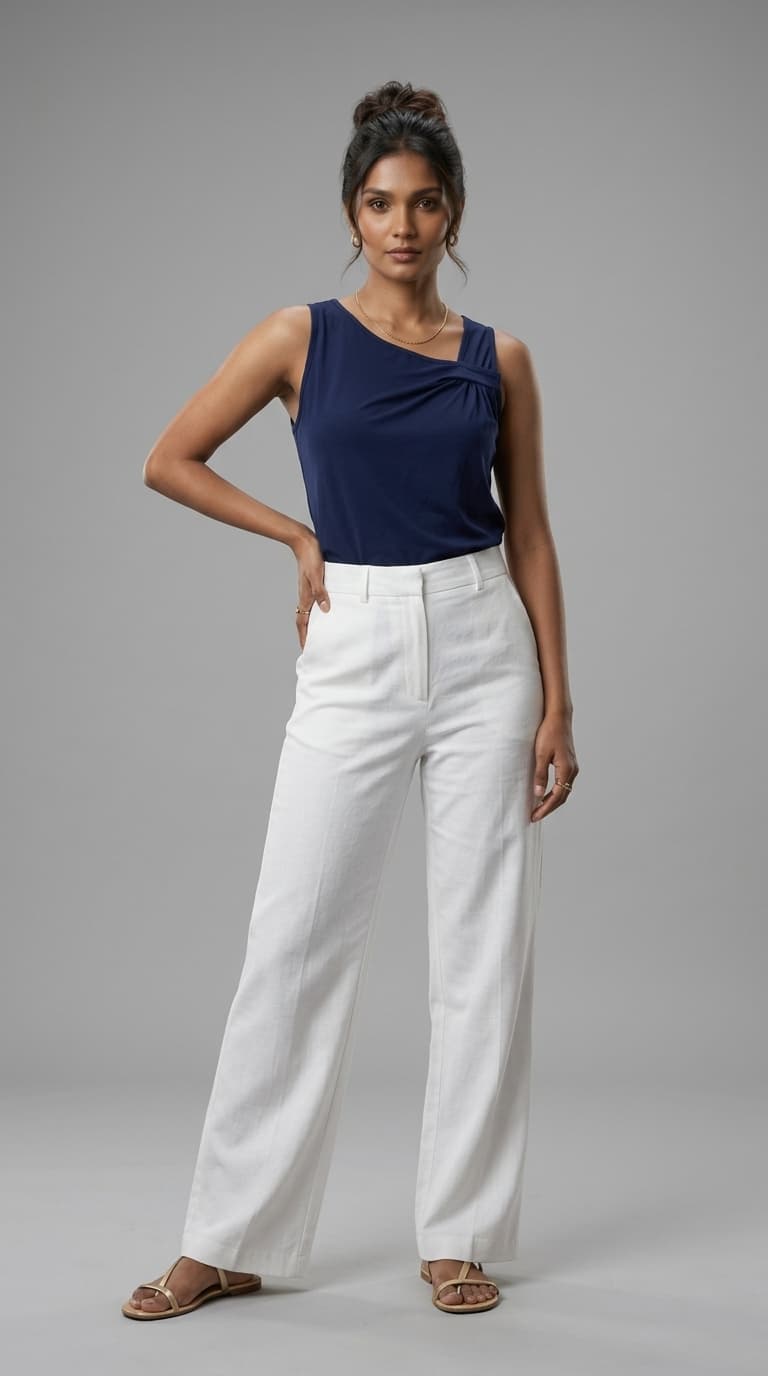 Navy Blue Asymmetrical Twisted-Shoulder Sleeveless Top – view 1
